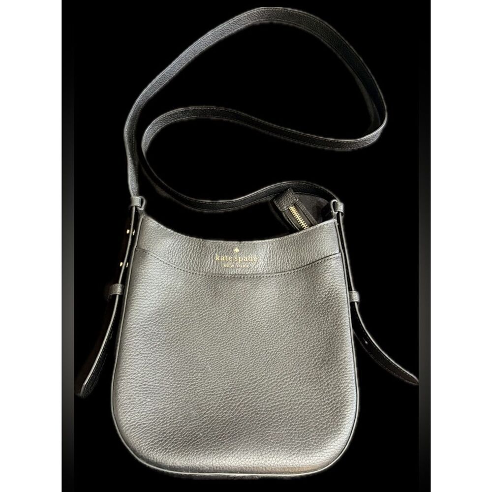 Kate Spade Black Leather Crossbody with Gold Logo 9 1/2 in by 10 in Great Cond.